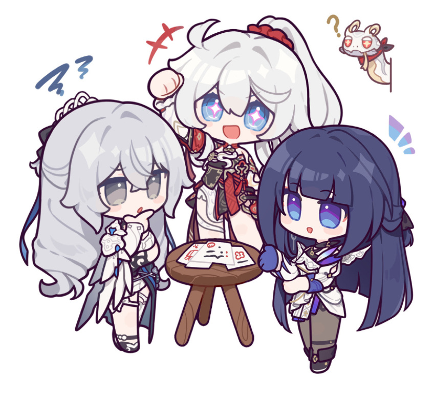 3girls, :d, ?, ahoge, bare_shoulders, black_choker, blue_eyes, blunt_bangs