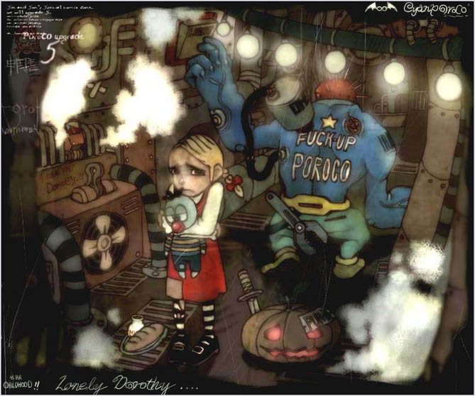 1boy, 1girl, air_conditioner, artist_self-insert, baguette, barcode, barcode_tattoo, black_eyes, black_shoes, black_socks, blonde_hair, blue_skin, border, bottle, bow, bread, closed_mouth, colored_skin, commentary_request, cyanporoco, dress, english_text, food, frown, full_body, grey_shoes, hair_bow, hugging_doll, hugging_object, jack-o'-lantern, korean_commentary, light_bulb, long_sleeves, looking_at_viewer, milk_bottle, original, pinafore_dress, profanity, red_bow, red_dress, shirt, shoes, short_hair, sleeveless, sleeveless_dress, socks, standing, steam, striped_clothes, striped_socks, tattoo, topless_male, vent_(object), white_border, white_shirt, white_socks, wrench