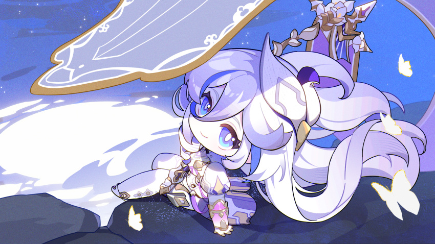 1girl, blue_eyes, bodysuit, bug, butterfly, chibi, closed_mouth, colored_inner_hair, drill_hair, gradient_tail, hair_between_eyes, hair_ornament, highres, honkai_(series), honkai_impact_3rd, long_hair, long_sleeves, looking_at_viewer, misteln_schariac, multicolored_hair, night, night_sky, pale_skin, sitting, sky, smile, solo, streaked_hair, suit, white_hair, white_suit, yinzhenxiaobai