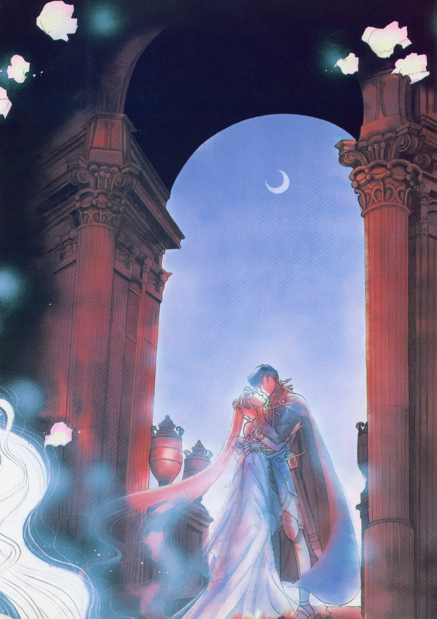 1990s_(style), 1boy, 1girl, absurdres, architecture, artbook, bishoujo_senshi_sailor_moon, black_hair