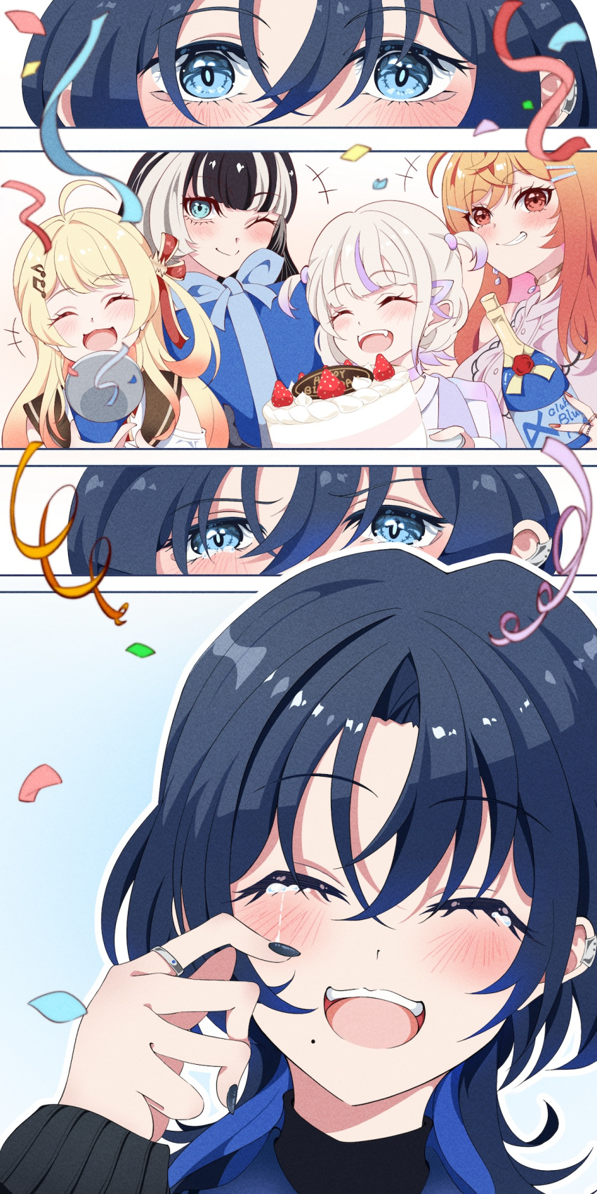 5girls, absurdres, birthday_cake, black_hair, blonde_hair, blue_eyes, blue_hair, blue_nails