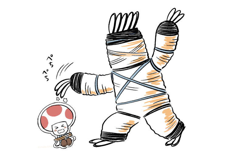 >_<, ^^^, blue_vest, blush_stickers, bound, brown_shoes, commentary_request, dama8457, motion_lines, no_humans, open_clothes, open_mouth, open_vest, outline, pain, paper, paper_mario, paper_mario:_the_origami_king, rubber_band, rubber_band_(paper_mario), shoes, simple_background, sitting, standing, super_mario_bros., tied_up_(nonsexual), toad_(mario), vest, wavy_mouth, whipping, white_background, white_outline