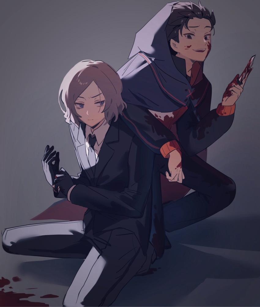 2boys, alternate_universe, arm_on_another's_shoulder, bags_under_eyes, black_cloak, black_eyes, black_gloves, black_hair