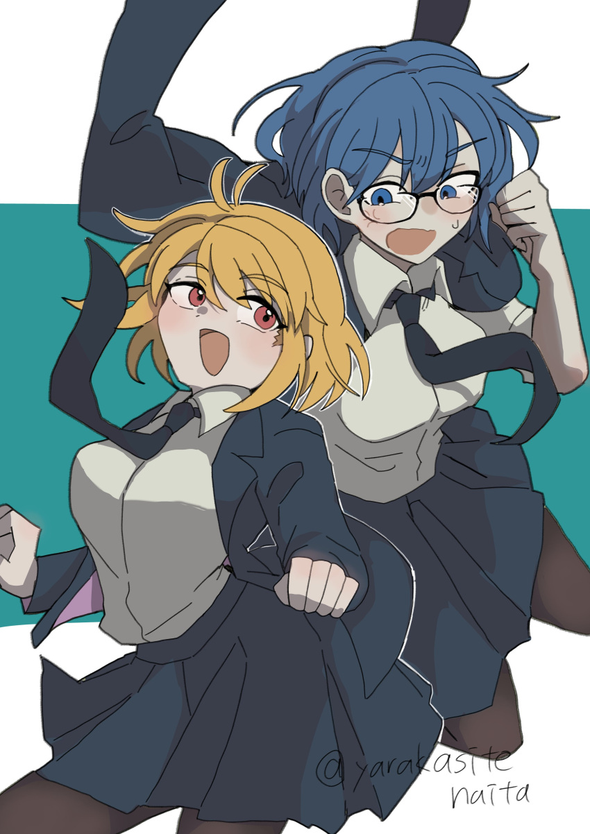 2girls, absurdres, ahoge, arcueid_brunestud, blonde_hair, blue_eyes, blue_hair, blush, breasts, brown_pantyhose, c.i.e.l_(fate), c.i.e.l_(second_ascension)_(fate), ciel_(tsukihime), collared_shirt, fate/grand_order, fate_(series), floating, glasses, highres, jacket, jacket_on_shoulders, large_breasts, long_sleeves, multiple_girls, necktie, pantyhose, red_eyes, shirt, short_hair, sidelocks, skirt, sleeves_rolled_up, smile, tsukihime, white_shirt, wing_collar, yarakasitenaita