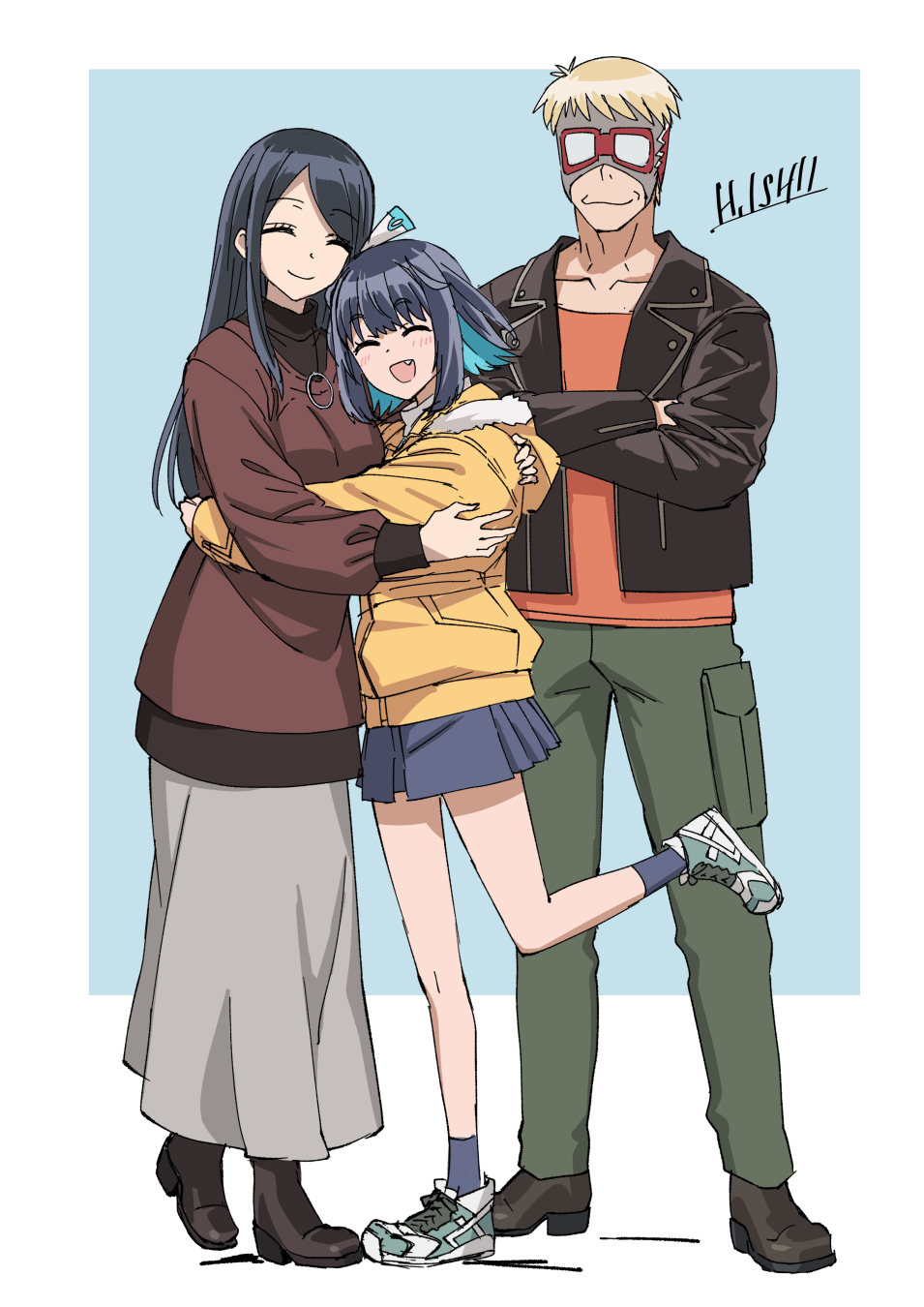 16bit_sensation, 1boy, 2girls, :d, ^_^, akisato_konoha, artist_name, black_boots