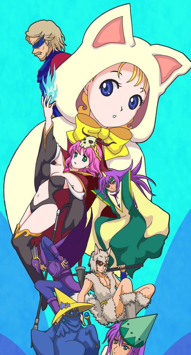 beard, berserker_(class), black_mage, blonde_hair, blue_eyes, blue_mage, boots, bow