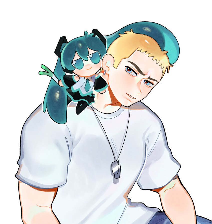 1boy, blonde_hair, blue_eyes, character_doll, chibi, dog_tags, earrings, eminem