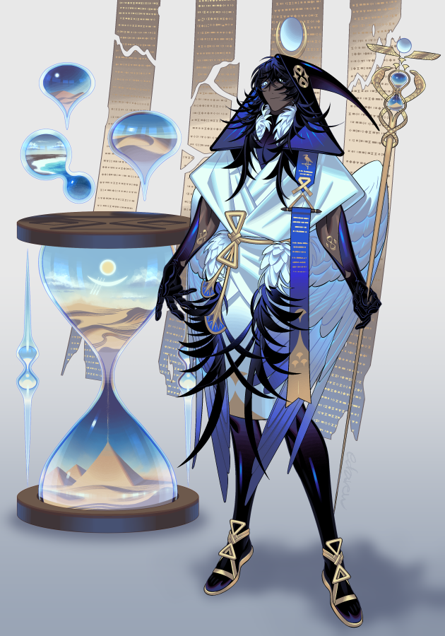 1boy, ancient_egyptian, bird_boy, bird_wings, black_hair, eda, feathered_wings, great_pyramid_of_giza, holding, holding_staff, hood, hood_up, hourglass, long_hair, male_focus, original, pyramid_(structure), robe, sand, scroll, solo, staff, standing, white_robe, white_wings, wings