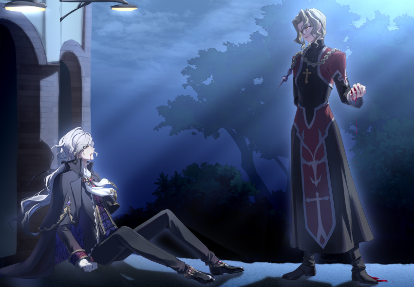 2boys, absurdres, are_you_my_master, black_dress, black_jacket, black_pants, black_vest, blonde_hair, blood, blood_drip, blood_on_face, blood_on_hands, braid, braided_ponytail, cape, collared_shirt, cross, cross_necklace, dress, edmond_dantes_(fate), edmond_dantes_(monte_cristo_uniform)_(fate), evil_smile, fate/grand_order, fate_(series), glasses, highres, jacket, jewelry, long_hair, long_sleeves, looking_at_another, low_ponytail, male_focus, michael_roa_valdamjong, multiple_boys, necklace, night, night_sky, on_floor, pants, ponytail, priest, purple_cape, red_eyes, shirt, sitting, sky, smile, tarantella_(fate), user_vpue3848, vest, white_hair