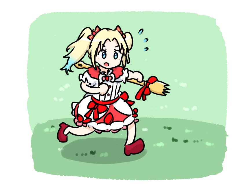 1girl, blonde_hair, blue_eyes, blue_hair, border, bow, capelet, commentary_request