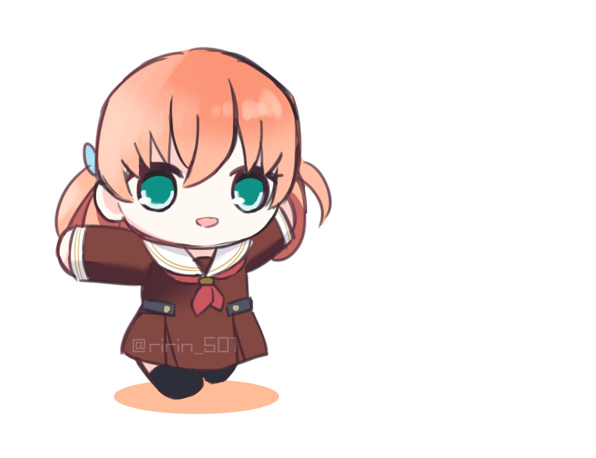 1girl, :d, absurdres, aqua_eyes, black_socks, brown_dress, commentary, crossed_bangs