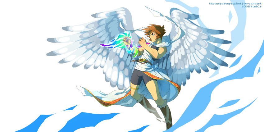1boy, absurdres, ahoge, angel, angel_wings, bike_shorts, blue_eyes, brown_hair