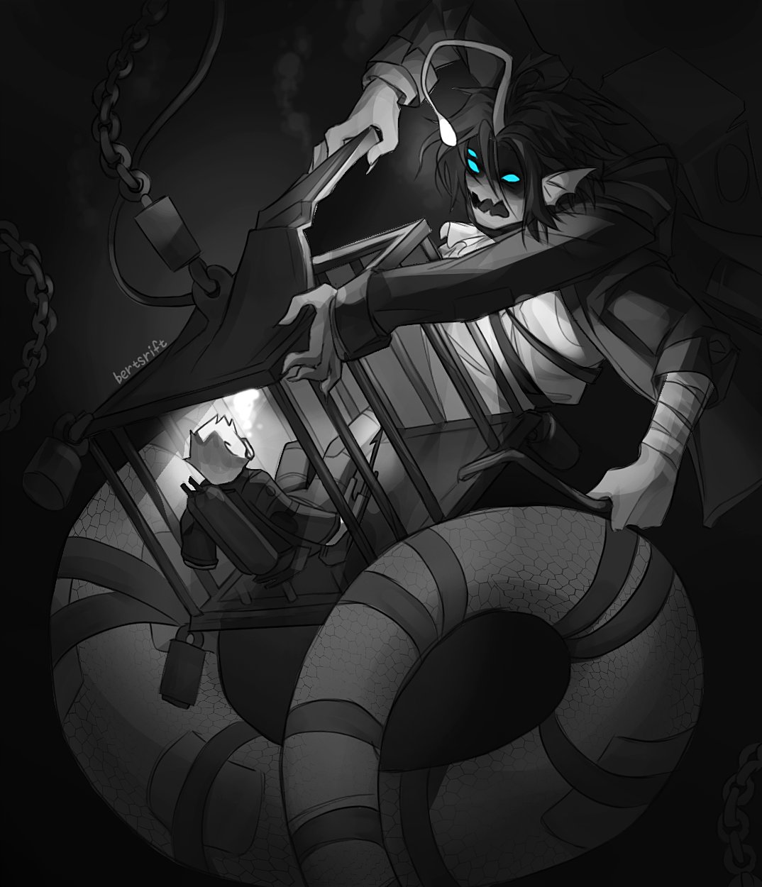 1boy, 1other, anglerfish_boy, ascot, blue_eyes, br_not_here, cage, claws