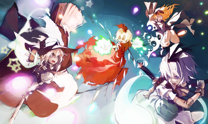 alternate_costume, banpai_akira, battle, blonde_hair, blue_eyes, bow, broom, danmaku