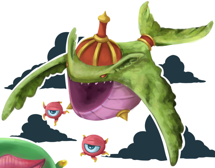 4others, belunka, colored_skin, commentary, english_commentary, green_eyes, green_skin, kid_icarus, kid_icarus_uprising, mik_(kid_icarus), monoeye, multiple_others, no_humans, one-eyed, open_mouth, pointy_ears, red_skin, sharp_teeth, teeth, tentacles, toodlingart, transparent_background