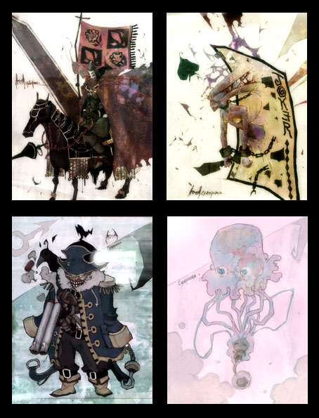 1girl, 2boys, abysmal_knight, armor, bicorne, bird, black_armor, black_pants