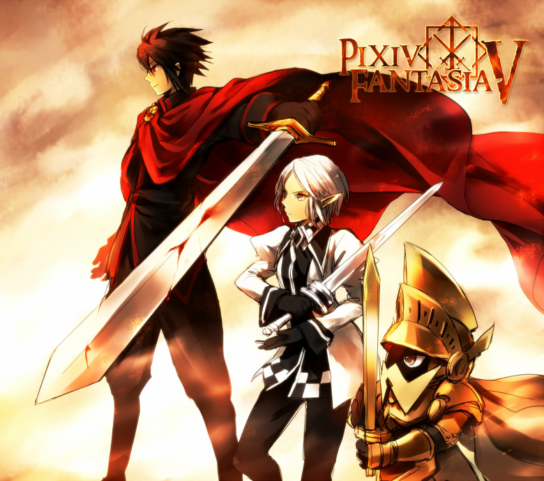 blood, brooch, brown_eyes, brown_hair, cape, checkered, don_gardere_(pixiv_fantasia), elysia_(pixiv_fantasia)