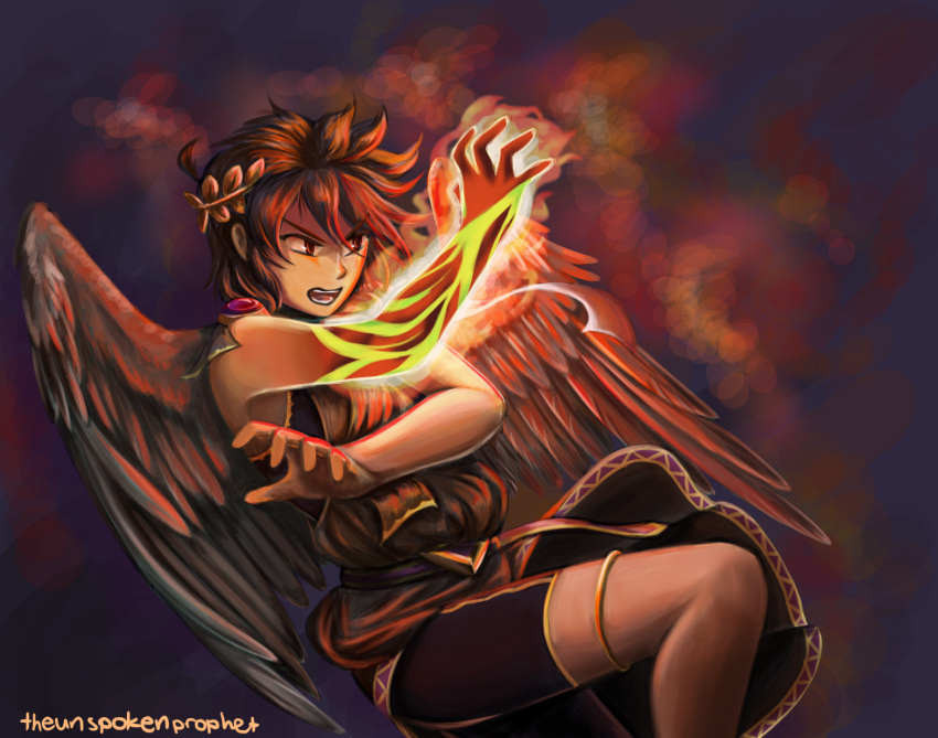 1boy, ahoge, angel, angel_wings, bike_shorts, burning_palm_(kid_icarus), commentary, dark_pit, english_commentary, fire, glowing_arm, gold_thighlet, highres, jewelry, kid_icarus, kid_icarus_uprising, laurel_crown, male_focus, open_mouth, pyrokinesis, red_eyes, signature, solo, thighlet, toodlingart, v-shaped_eyebrows, wings