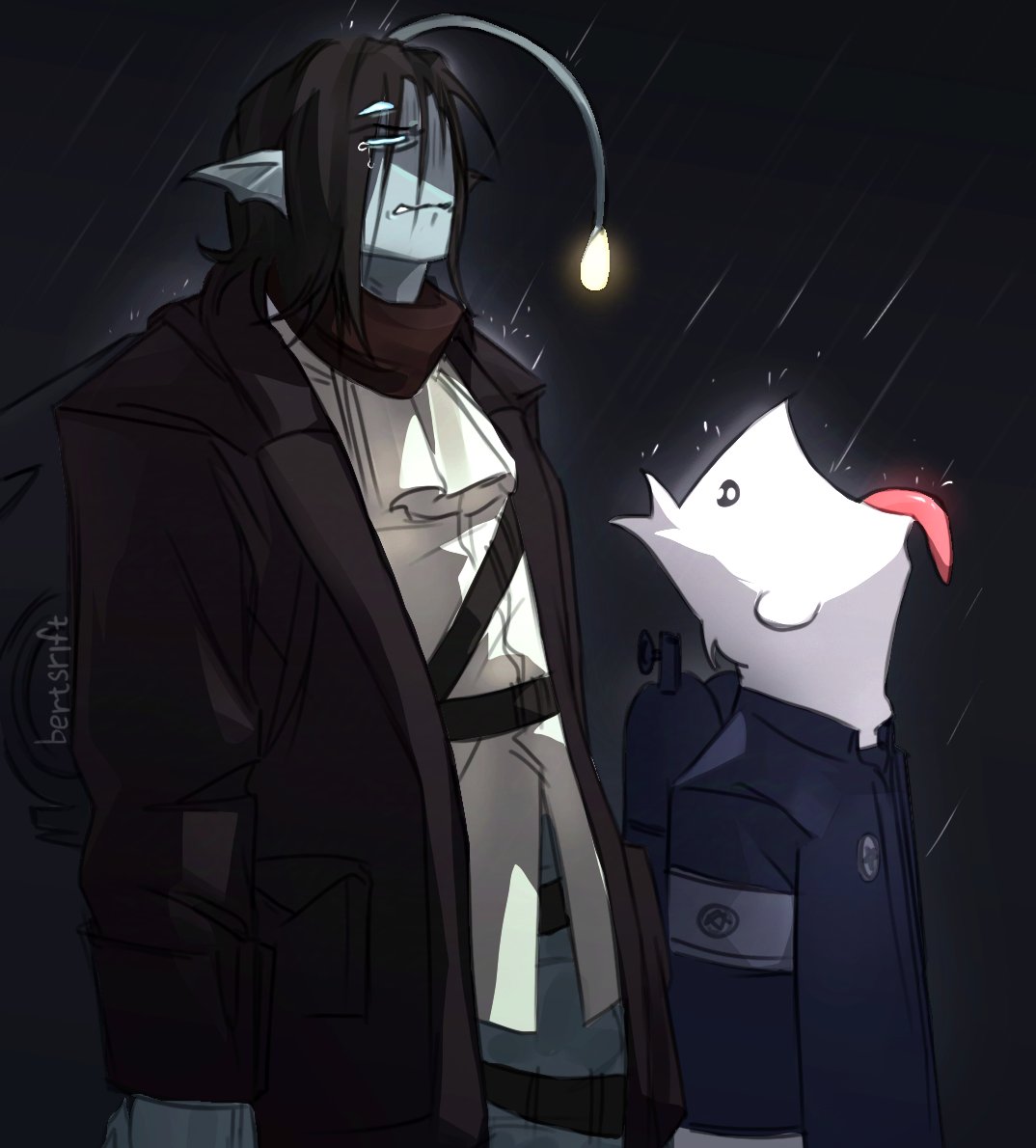 2boys, anglerfish_boy, ascot, black_background, black_hair, blue_eyes, blue_skin, br_not_here