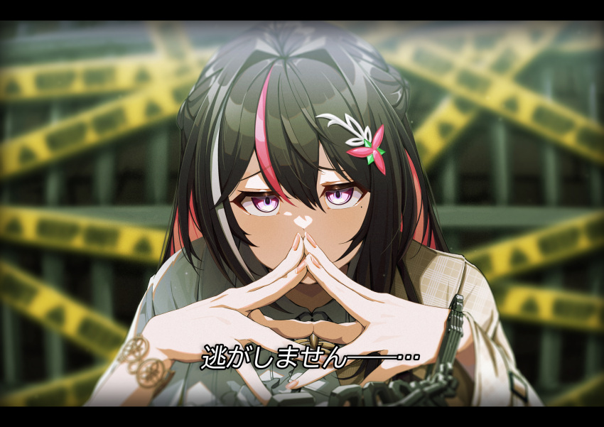 1girl, ascot, azki_(4th_costume)_(hololive), azki_(hololive), black_hair, bracelet, collared_dress, colored_inner_hair