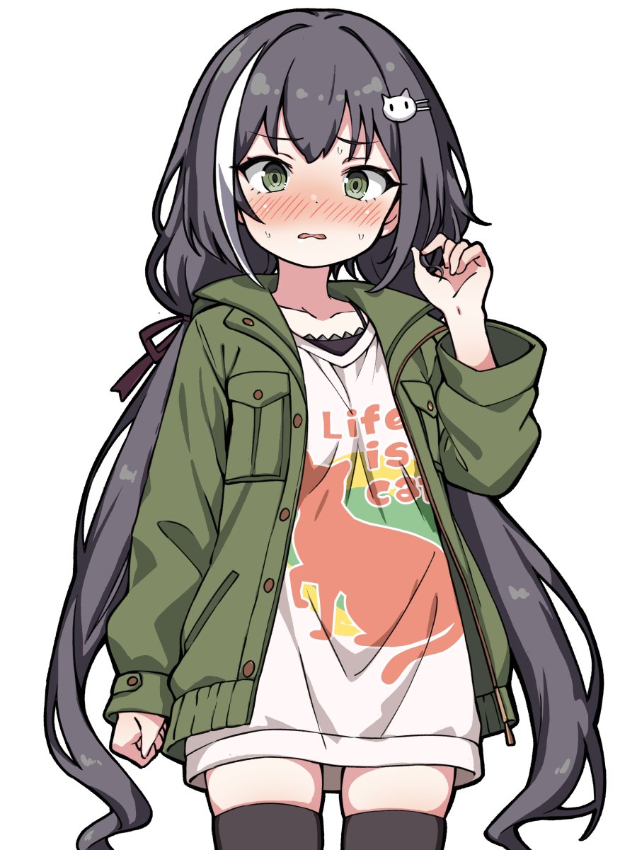 1girl, black_hair, black_ribbon, black_thighhighs, blush, cat_hair_ornament, clothes_writing, collarbone, commentary_request, cowboy_shot, green_eyes, green_jacket, hair_ornament, hair_ribbon, highres, jacket, karyl_(princess_connect!), karyl_(real)_(princess_connect!), long_hair, long_shirt, long_sleeves, looking_at_viewer, low_twintails, multicolored_hair, nose_blush, open_clothes, open_jacket, open_mouth, peanut_mouth, pocket, princess_connect!, ribbon, shirt, simple_background, single_sleeve_past_wrist, skindentation, solo, standing, streaked_hair, sweat, thigh-highs, twintails, very_long_hair, white_background, white_hair, white_shirt, yuuji_overall, zettai_ryouiki