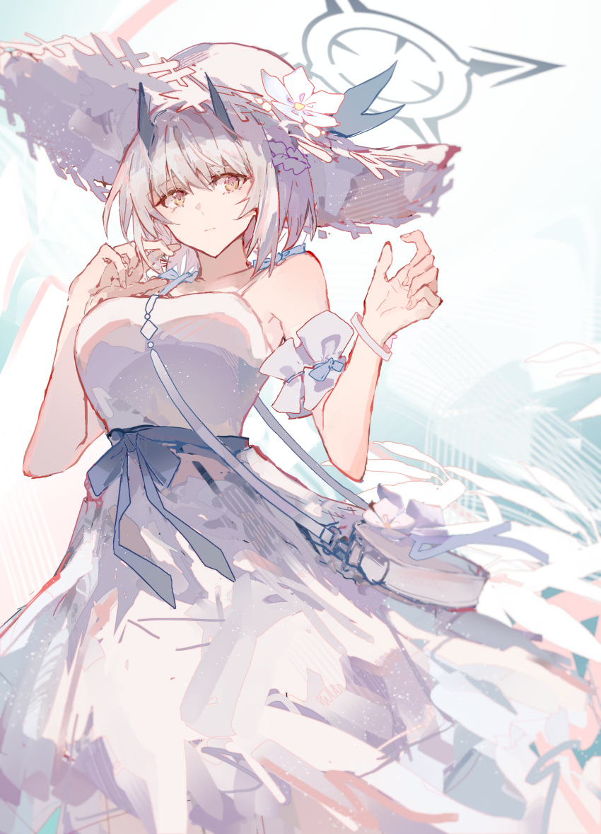 1girl, absurdres, armband, black_horns, blue_archive, casual, demon_horns, dress