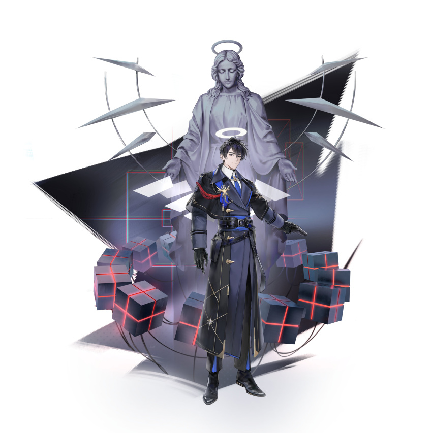 1boy, absurdres, arknights, black_capelet, black_coat, black_eyes, black_gloves, black_hair