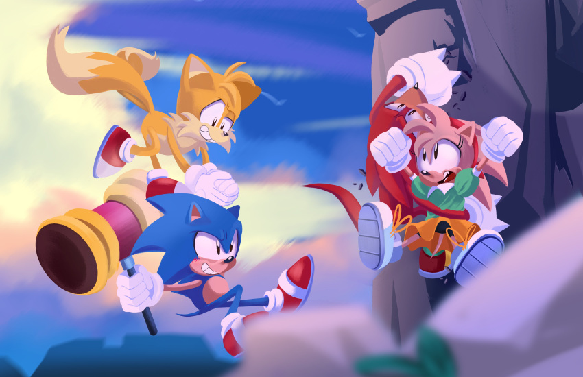 1girl, 3boys, absurdres, amy_rose, blue_sky, bolipancito, carrying, carrying_person, climbing, flying, furry, furry_female, furry_male, gloves, grin, hammer, highres, holding, holding_hammer, knuckles_the_echidna, multiple_boys, outstretched_arms, skirt, sky, smile, sonic_(series), sonic_superstars, sonic_the_hedgehog, sonic_the_hedgehog_(classic), stone_wall, tails_(sonic), toy_hammer