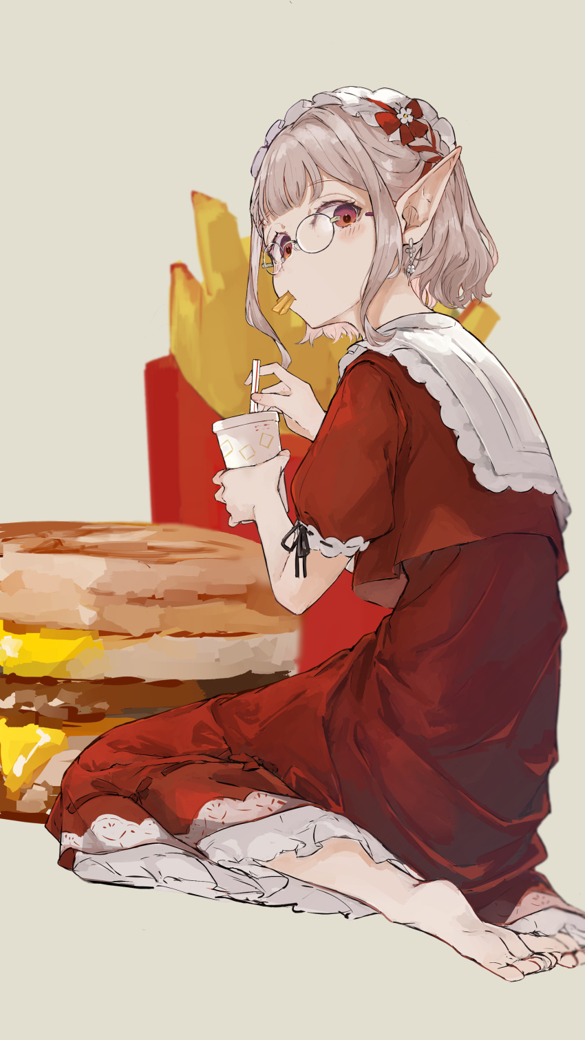 1girl, absurdres, barefoot, bow, burger, commentary_request, cup, disposable_cup