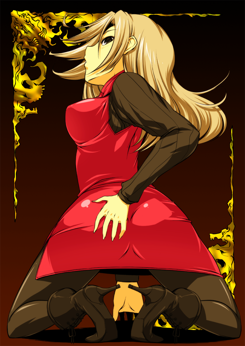 ass, ass_grab, blonde_hair, boots, breasts, brown_legwear, castlevania, castlevania:_dawn_of_sorrow, castlevania:_harmony_of_despair, high_heels, long_hair, looking_back, miniskirt, onija_tarou, pantyhose, shoes, skirt, solo, squatting, sweater, yoko_belnades