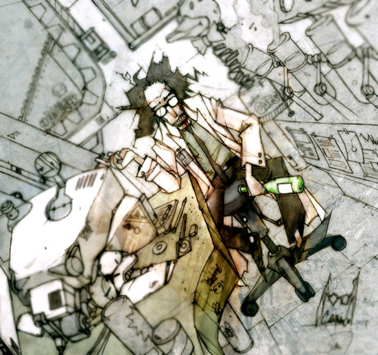 1boy, black-framed_eyewear, black_hair, black_necktie, black_pants, black_shoes, bottle, chair