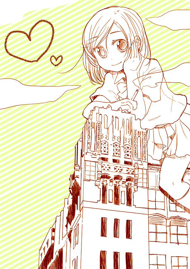 cigarette, cloud, clouds, giantess, lineart, monochrome, original, pleated_skirt