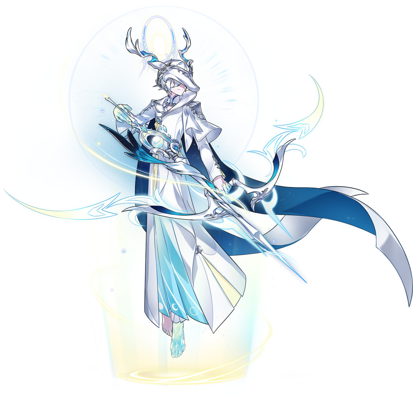 1boy, arrow_(projectile), artist_request, barefoot, blue_cloak, blue_skirt, bow_(weapon), cloak, covered_eyes, crystal_skin, drawing_bow, elcor, elsword, fake_antlers, fighting_stance, floating, full_body, hair_between_eyes, helmet, highres, holding, holding_arrow, holding_bow_(weapon), holding_weapon, hood, hood_down, hooded_cloak, layered_sleeves, long_skirt, long_sleeves, magic, moon_phases, moon_print, noah_ebalon, official_art, pale_skin, pleated_skirt, robe, second-party_source, short_hair, short_over_long_sleeves, short_sleeves, skirt, solo, standing, starry_sky_print, tachi-e, toes, transparent_background, two-sided_cloak, two-sided_fabric, weapon, white_cloak, white_hair, white_helmet, white_robe