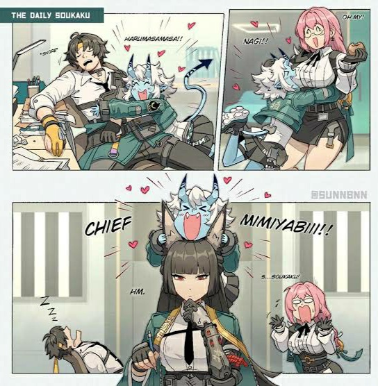 1boy, animal_ears, colored_skin, harumasa_(zenless_zone_zero), horns, hoshimi_miyabi, long_hair, multiple_girls, short_hair, soukaku_(zenless_zone_zero), tsukishiro_yanagi, zenless_zone_zero