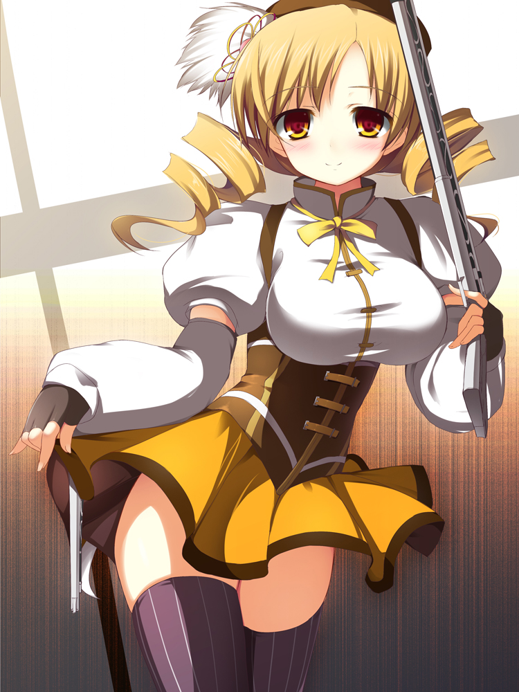 beret, black_legwear, blonde_hair, blush, breasts, brown_legwear, corset, detached_sleeves