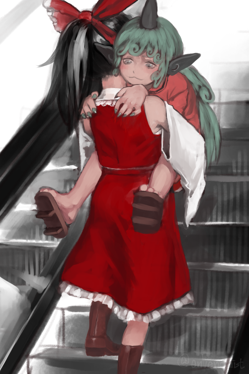 2girls, :3, artist_name, black_hair, boots, bow, brown_boots, carrying