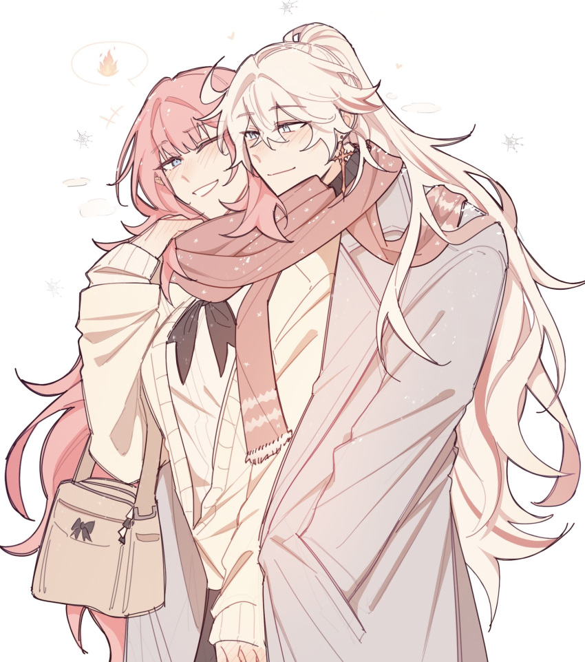 2girls, bag, blue_eyes, blush, closed_mouth, coat, elysia_(honkai_impact), hand_in_pocket