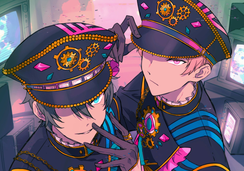 2boys, adjusting_clothes, adjusting_headwear, arm_up, black_gloves, black_hair, blue_eyes, chain