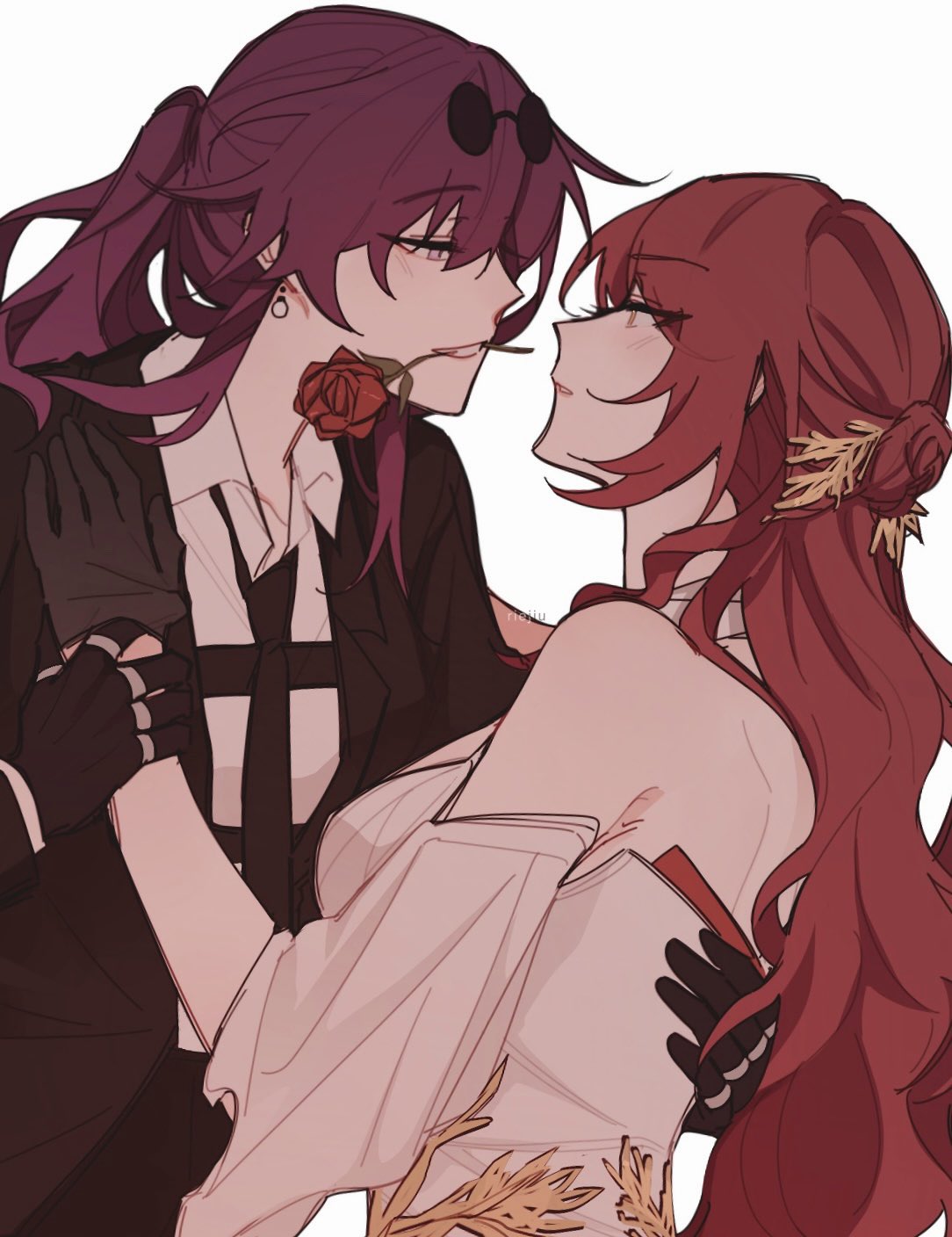 2girls, animal_ears, bare_shoulders, black-framed_eyewear, black_jacket, black_necktie, blush, collared_shirt