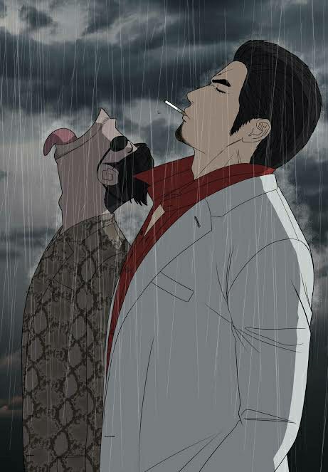 cigarette, goku_and_vegeta_in_the_rain_(meme), kiryu_kazuma, meme, multiple_boys, open_mouth, ryuu_ga_gotoku, ryuu_ga_gotoku_(series), short_hair
