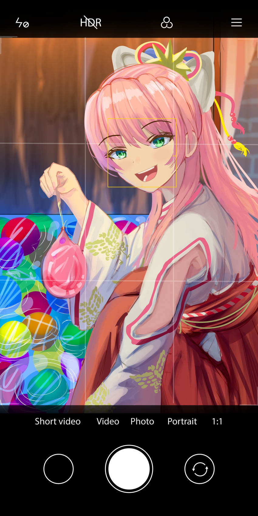 1girl, 96mako, absurdres, aikawa_megumi, bow, green_eyes, hair_bow, hakama, hakama_skirt, heaven_burns_red, highres, japanese_clothes, long_hair, miko, official_alternate_costume, open_mouth, pink_hair, ponytail, red_hakama, skirt, solo, viewfinder, water_balloon