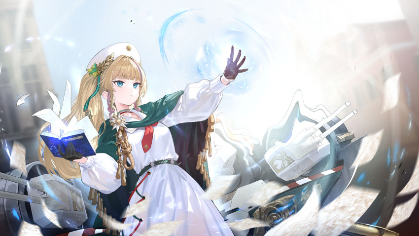 1girl, azur_lane, belt, black_boots, black_gloves, blonde_hair, blue_eyes, book