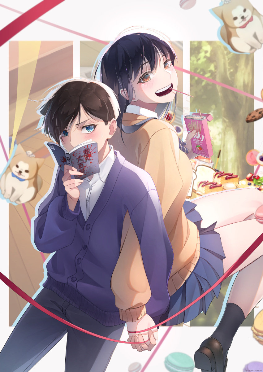 1boy, 1girl, absurdres, animal_charm, back-to-back, black_hair, black_pants, blue_eyes