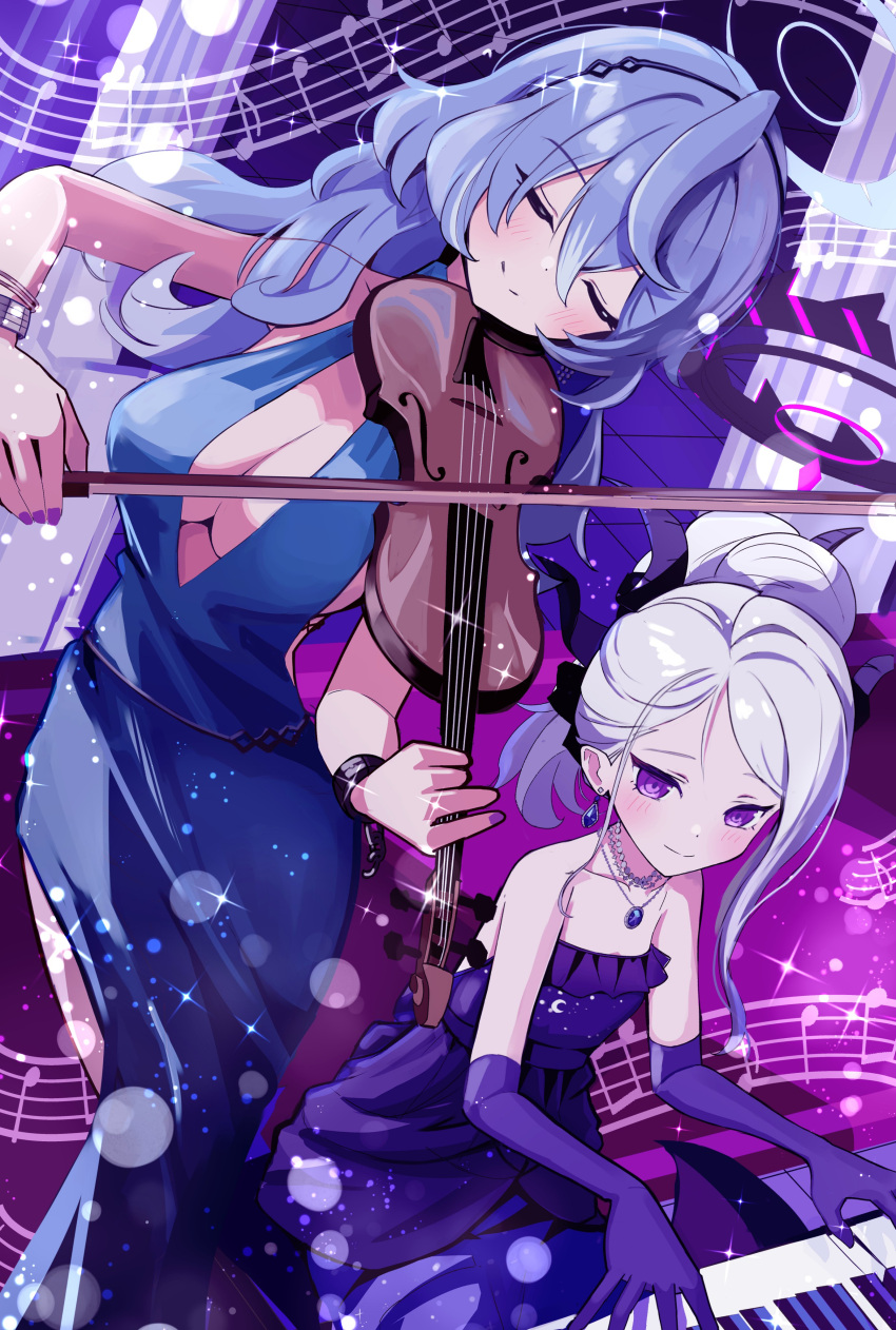2girls, absurdres, ako_(blue_archive), ako_(dress)_(blue_archive), black_halo, blue_archive, blue_dress, blue_eyes