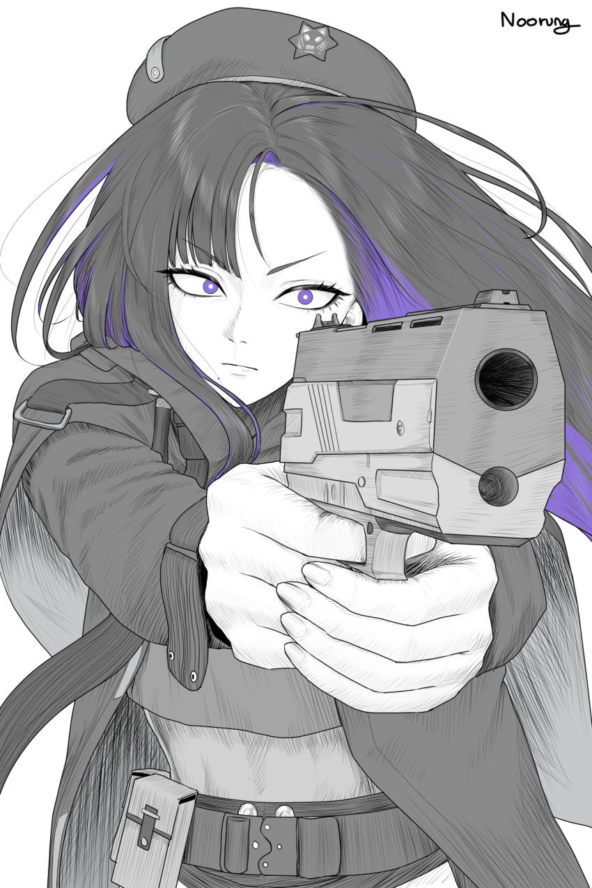 1girl, asymmetrical_bangs, belt, belt_pouch, black_jacket, blunt_bangs, closed_mouth, eunhwa_(nikke)