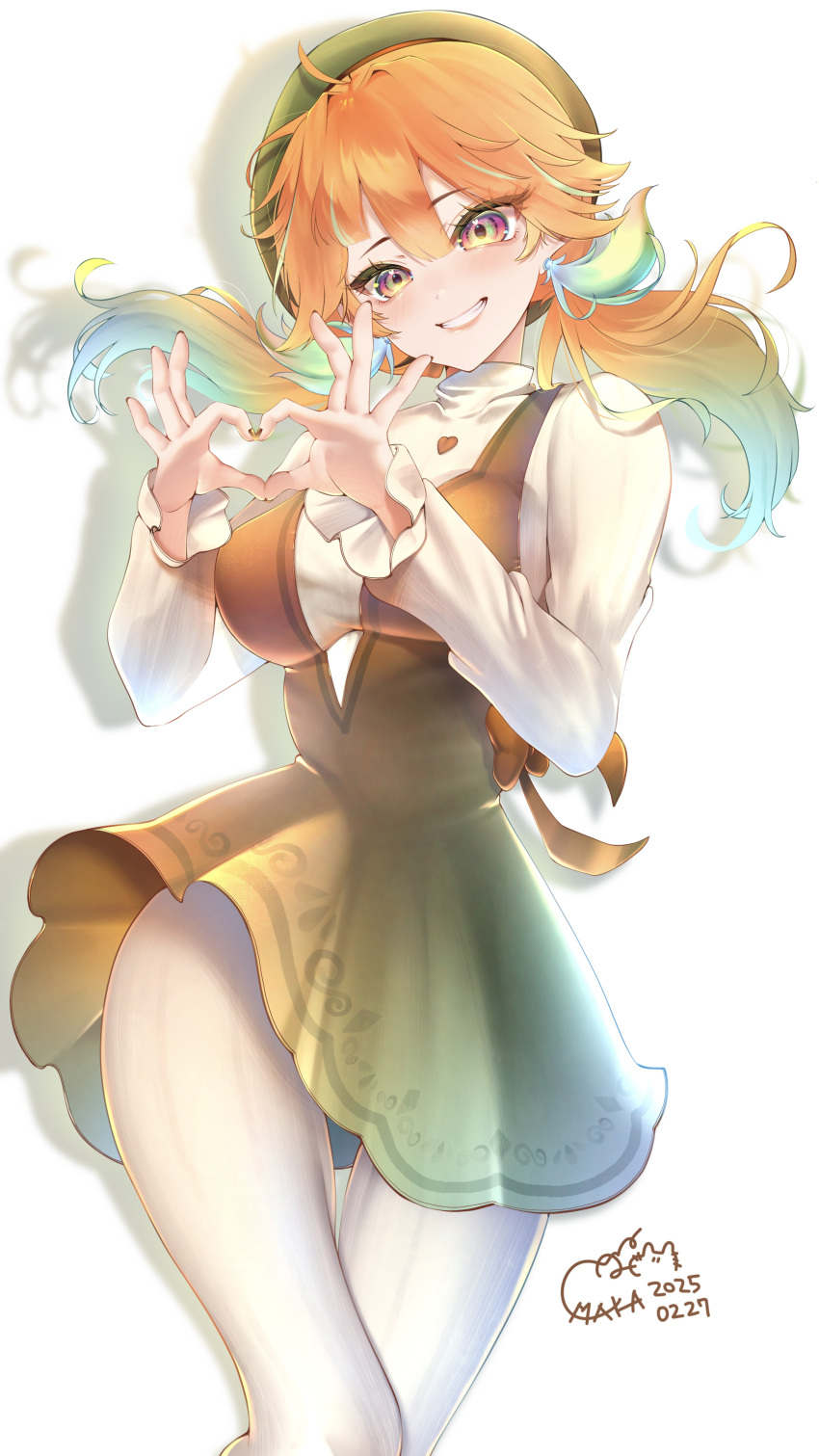 1boy, 1girl, 4-finger_heart_hands, absurdres, beret, brown_dress, dress, dress_over_shirt