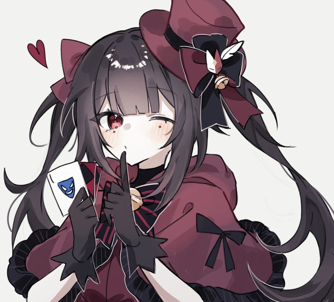 1girl, alternate_costume, black_gloves, bow, brown_hair, card, gloves, grey_background