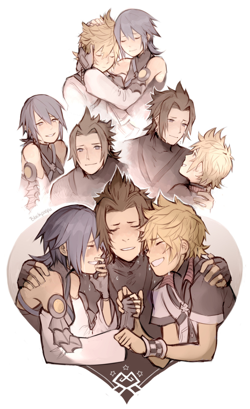1girl, 2boys, aqua_(kingdom_hearts), blackpaopu, blonde_hair, blue_eyes, blue_hair, brown_hair