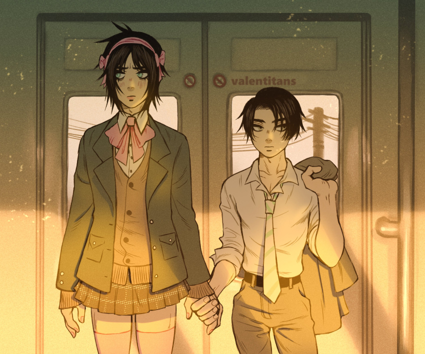 2boys, absurdres, belt, black_hair, contemporary, crossdressing, eren_yeager, fingernails