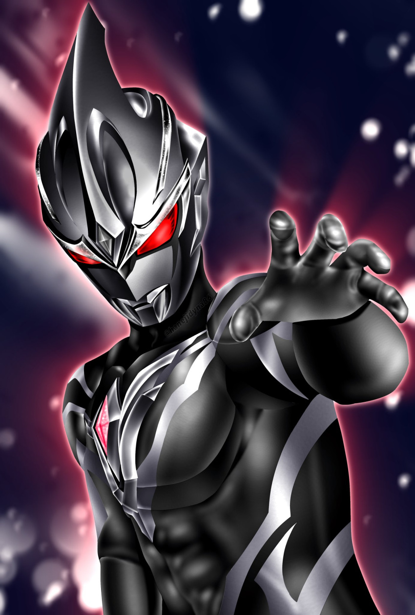1boy, abs, alien, aura, black_background, black_gemstone, black_skin, blurry